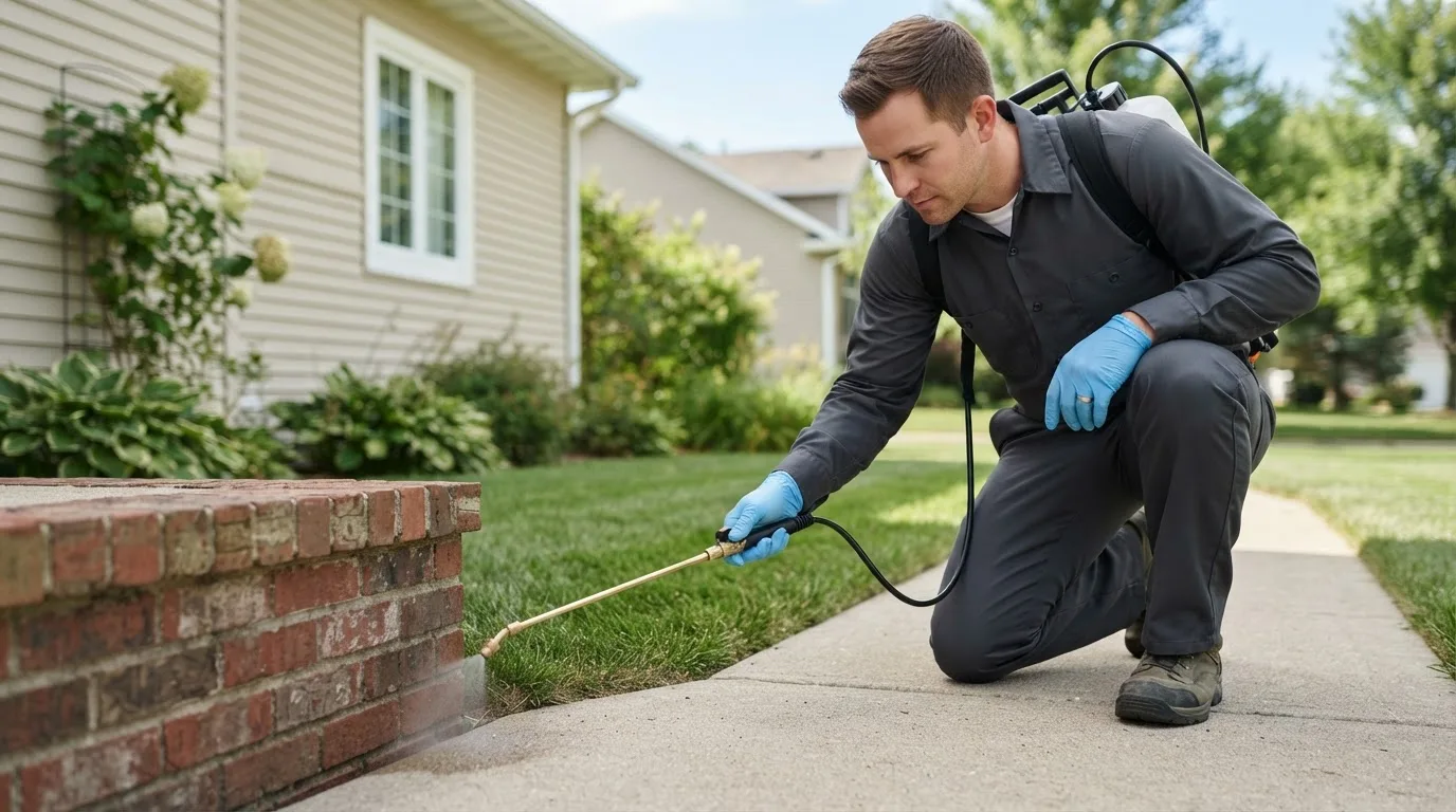Pest control technician treating a home near Lincoln, ME