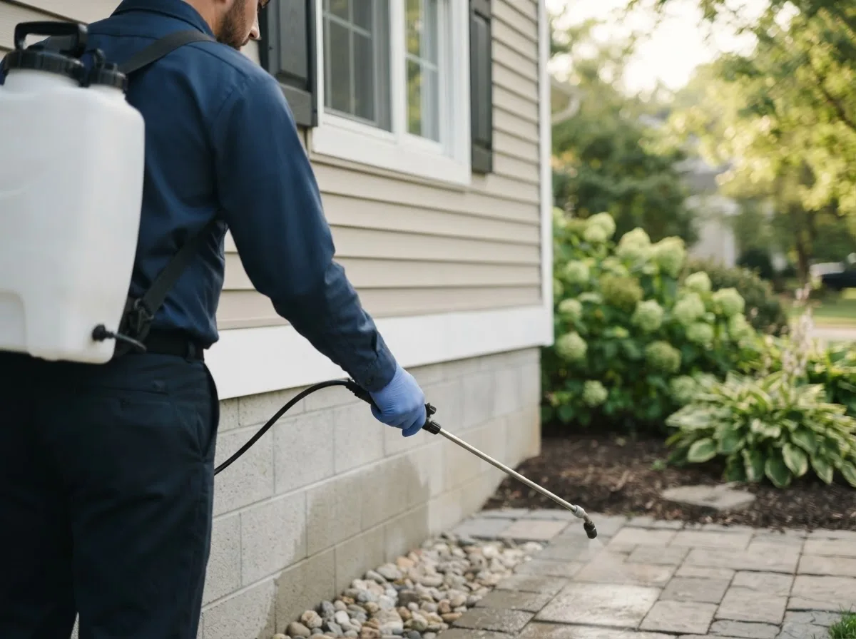 Pest control technician inspecting a home in Lincoln, ME